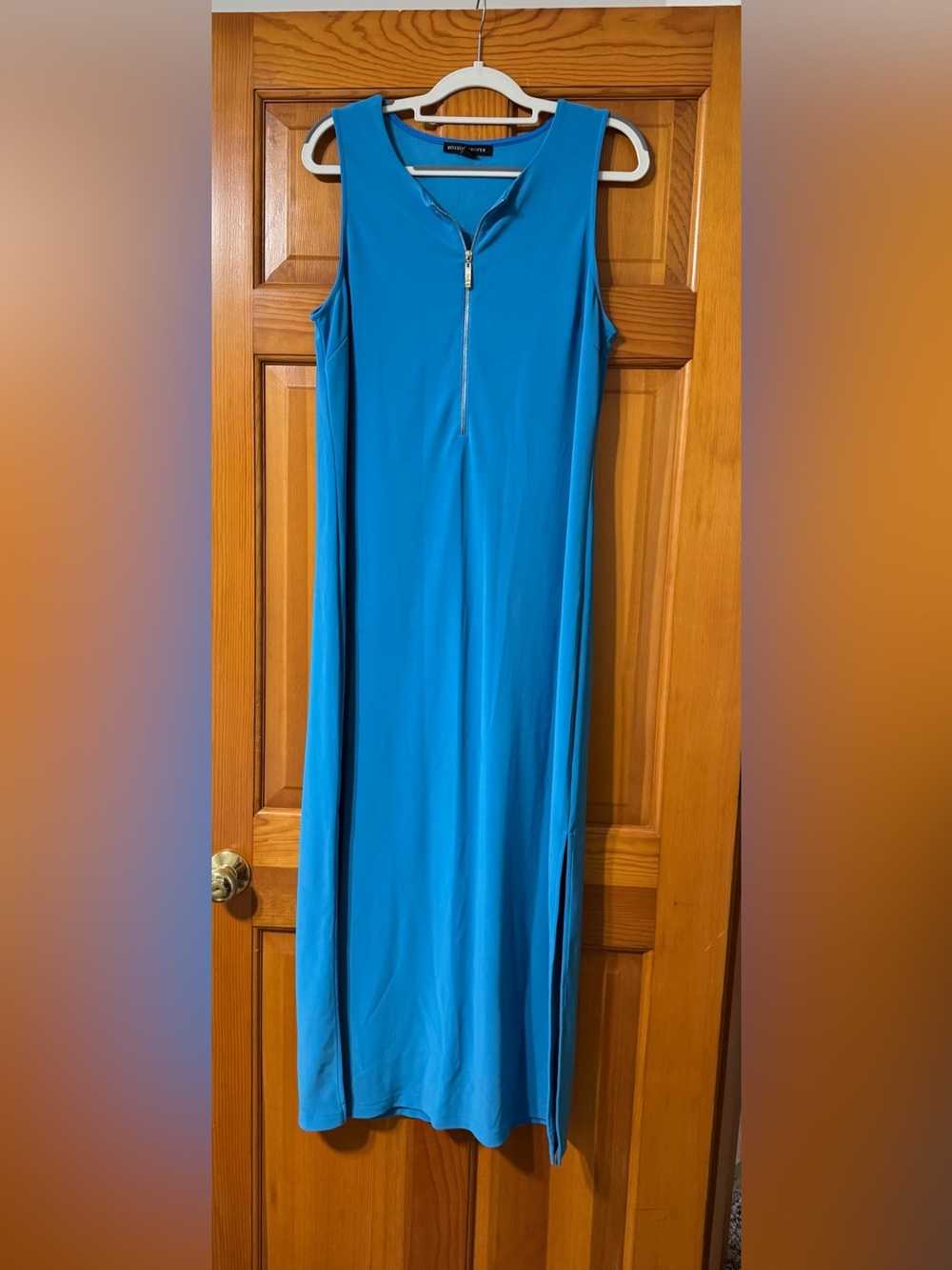 Boston Proper Teal Blue Sleeveless Maxi Dress with Front Zip